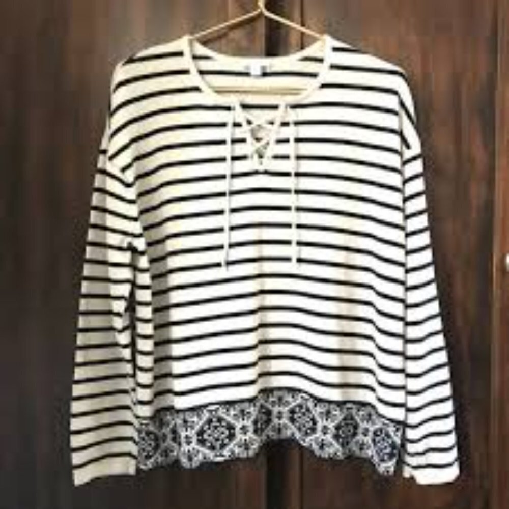 J Jill Knit Sweater Top Stripe Navy Lace Up Neckline Nautical Border Detail